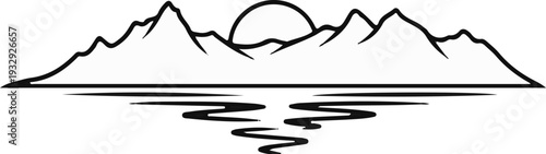 Stylized black ink drawing of mountains reflected in wavy water under a sun