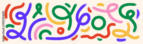 Set of abstract colorful crayon doodle elements with curly lines and organic shapes on light background