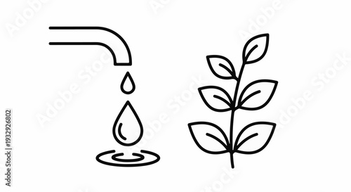 Dripping water from faucet next to a growing plant