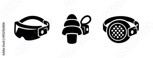 Solid vector icons of single-sense suppression units: darkening visor plate, noise-damp plug, sensory-filter membrane; fitting