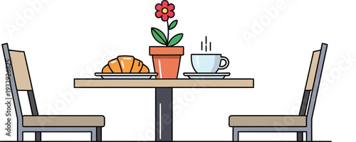 Cozy cafe table illustration with coffee and plant