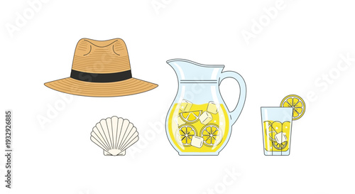 Summer lemonade illustration with hat and pitcher