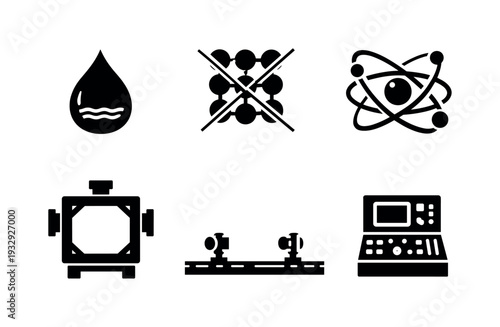 Solid vector icons of ultra-low temperature matter states: condensate droplet, optical cooling lattice, single-atom collective