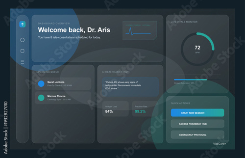 "A sophisticated and futuristic medical dashboard design presented in a sleek dark mode. The visual mood is professional, high-tech, and clinical, utilizing a deep charcoal background contrasted with 