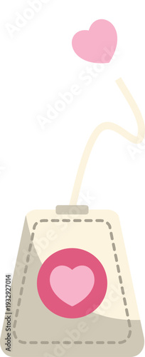 Teabag containing a pink heart symbol and a rising heart shape on a white background