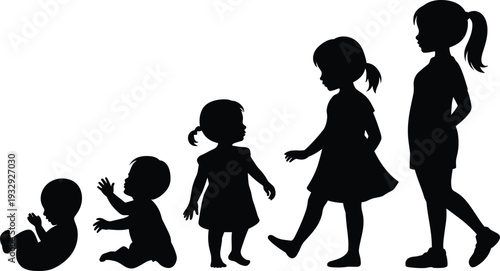 Child growth stages silhouettes vector illustration, baby toddler kid to teenager development timeline, girls growing up collection isolated on white background