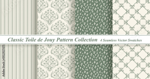Sage Green Toile de Jouy Pattern Set - Vintage Botanical & Cottagecore Backgrounds
