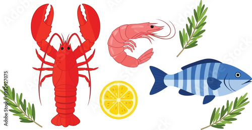Seafood illustration set with lobster shrimp fish