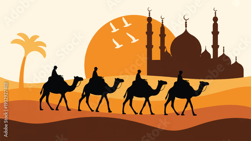 A stylized illustration of a desert caravan scene with four camels and their riders silhouetted against an orange and brown background (1)_traced