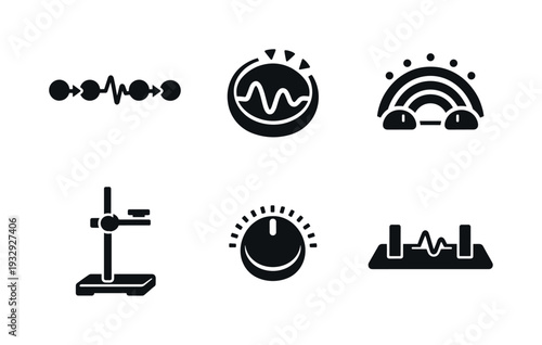 Time-Symmetry Breaking Icons. Solid vector icons of time-symmetry breaking systems: rhythm-forming quantum chain, oscillation