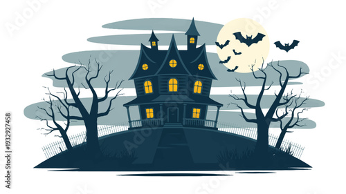 A stylized Halloween illustration of a dark Gothic mansion at night (4)_traced