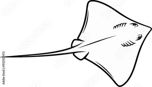 A simple black and white outline illustration of a stingray gliding through water
