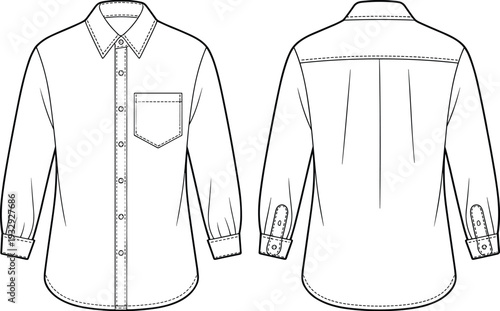 Long sleeve button down shirt technical drawing, front and back view apparel outline template, cad drawing flat vector illustration