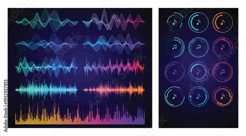 Vibrant sound wave and audio frequency visual effects with neon colors on dark background for music or podcast design
