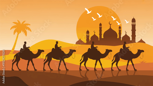 A stylized illustration of a desert caravan scene with four camels and their riders silhouetted against an orange and brown background (3)_traced