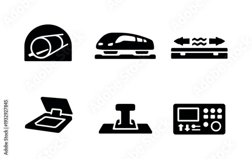 Solid vector icons of below-ground maglev mobility: subterranean tube lane, hovering transit vehicle, magnetic propulsion zone;