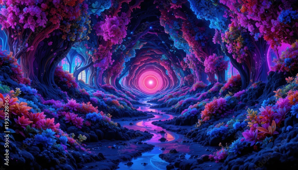 Obraz premium Vibrant neon forest with glowing pink portal at the end of a winding path
