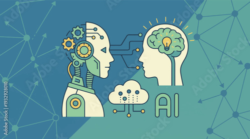 Conceptual illustration of Artificial Intelligence and Human Brain connection