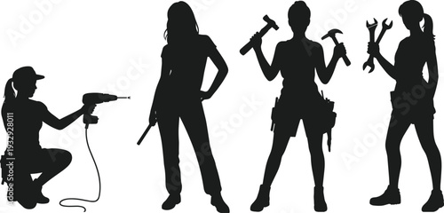 Women construction workers silhouettes with tools, female builder team holding drill hammer and wrench, professional tradeswomen vector illustration isolated on white background