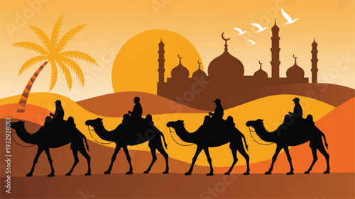 A stylized illustration of a desert caravan scene with four camels and their riders silhouetted against an orange and brown background (2)_traced