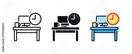Structured workday scene showing a desk icon with a clock element integrated to symbolize everyday corporate routine and order —