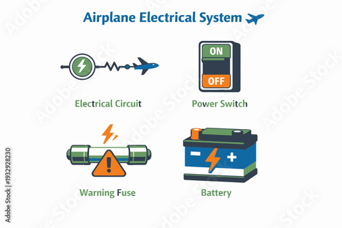 Airplane Electrical System Components Circuit Switch Fuse and Battery.
