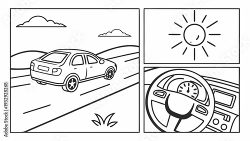 Car Journey Illustration Road Trip on a Sunny Day.