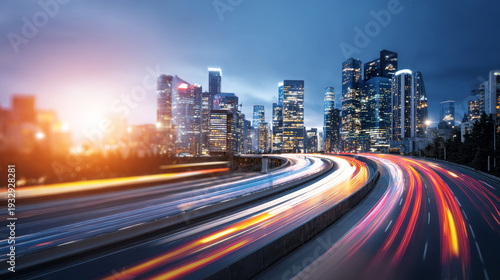 Night city skyline showing contemporary architecture and illuminated towers. Light trails from fast moving traffic on busy highway