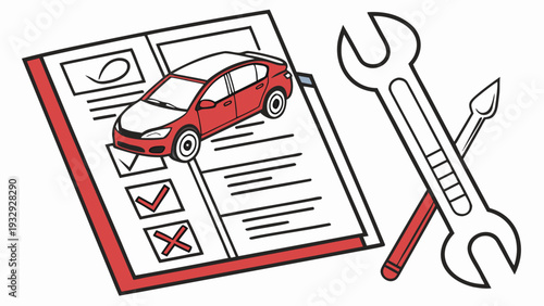Car Maintenance Checklist with Tools and Vehicle Illustration.
