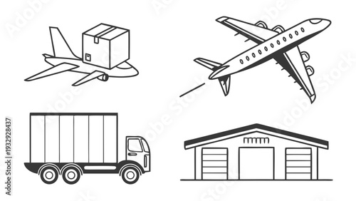 Logistics and Transportation Icons Airplanes Truck and Warehouse.