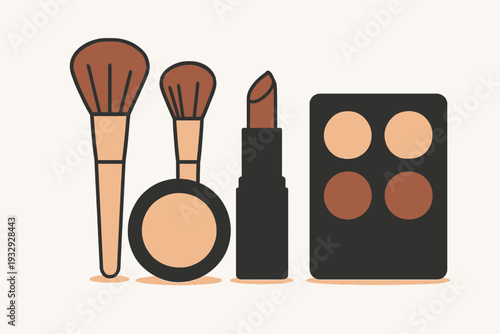 Makeup Essentials Brushes Lipstick and Eyeshadow Palette.