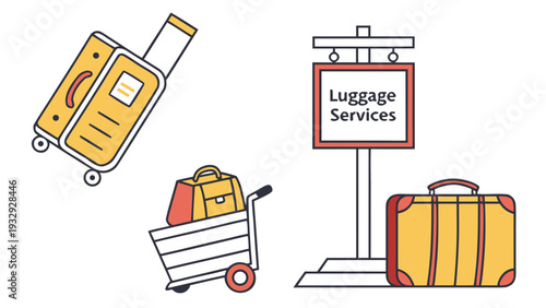 Luggage Services Illustration Suitcases Cart and Sign.