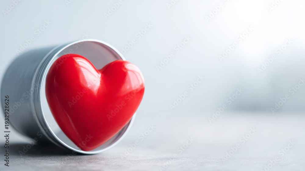 Fototapeta premium Red heart emerging from a metallic tube container, symbolizing care, love, health, and a medical concept