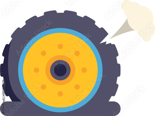 Deflated tire with a hubcap showing a sudden puncture and air escaping