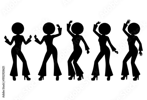 Five women dancing together in a line, moving their arms and legs in unison, dancing silhouettes
