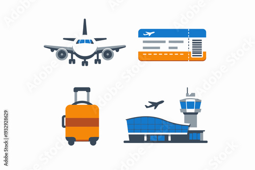 Travel Icons Airplane Ticket Suitcase and Airport Terminal.