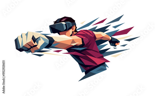 Low-poly vector illustration of a VR gamer accelerating into a punch, dynamic diagonal composition with the arm snapping forward