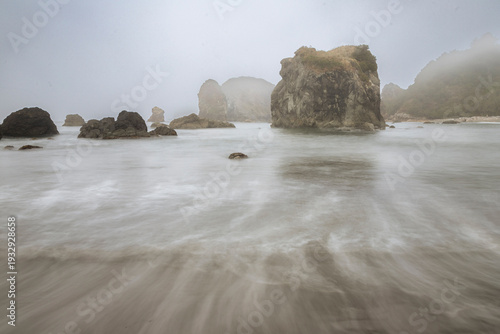 Sea stacks in the fog at Harris Beach State Park in Brookings Oregon, USA.