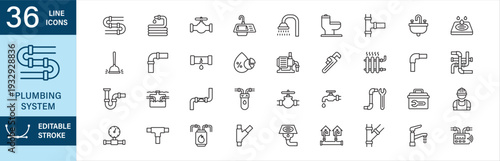 Plumbing system icon set. Contains symbol of pipe system, shutoff valve, joins, elbow connector, hose, kitchen sink, toilet, pipe wrench, water meter, boiler, usage, leak, radiator. Editable stroke