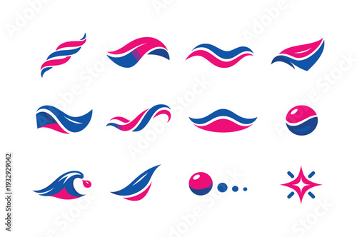Two-Color vector icons of fabric motion: twist line, flutter arc, wave bend, flowing edge, curved crease, loose strand, arc dip,
