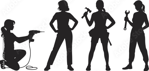 Women construction workers with tools, female builder team silhouettes, professional tradeswomen holding drill hammer wrench vector illustration isolated on white background