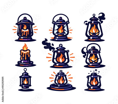 Two-Color vector icons of spooky lanterns: eerie lantern, dripping candle, cracked glass, metal frame, flame tongue, curved