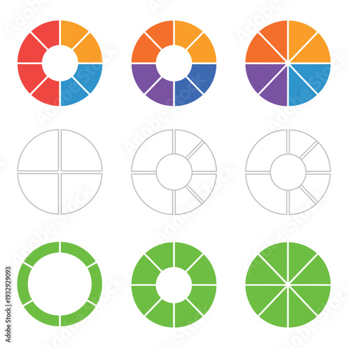 Set of four parts of a circle, pie chart with four same size sectors on a white background, flat vector illustration for data visualization, business reports