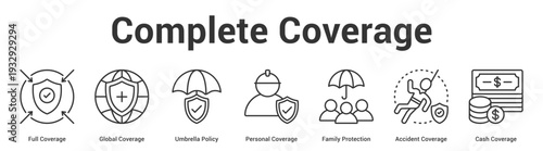 Complete Coverage web banner icon set vector illustration concept for business with icon of Full Coverage, Global Coverage, Umbrella Policy, Personal Coverage, Family Protection, Accident Covera.