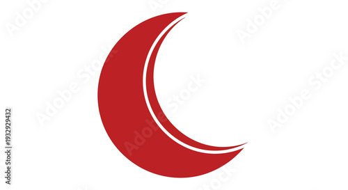 A minimalist red crescent shape with white lines on a white background