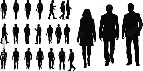 Black Silhouette Set of People Walking Sitting Lounging and Saluting with Standing Dairy Cow Vector Illustration for Business and Agriculture