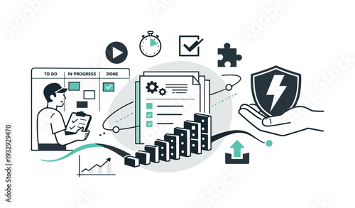 Modern minimal flat vector conceptual collage, crisp hard edges, consistent THIN outline stroke, rounded corners where needed,