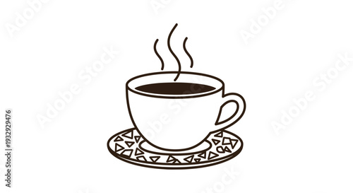 A steaming cup of coffee on a saucer with a geometric pattern