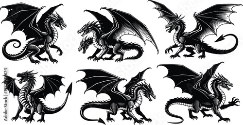 Black and white dragon vector set featuring mythical fire breathing creatures with wings and scales for fantasy tattoo design silhouettes.