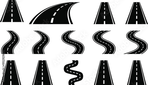 Road and highway icon set illustration showing straight and curved asphalt routes isolated on white background minimal black vector design